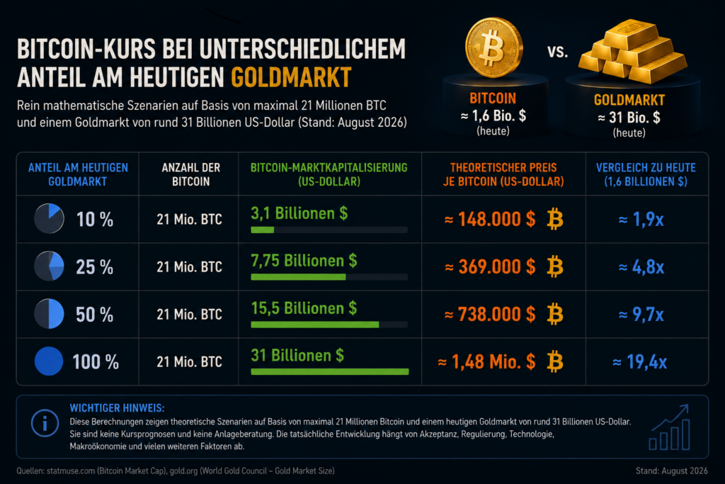 Was wäre Bitcoin wert bei 10 %, 25 %, 50 % oder 100 % des heutigen Goldmarktes?