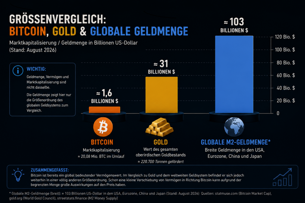 Größenvergleich Bitcoin, Gold und Geldmenge