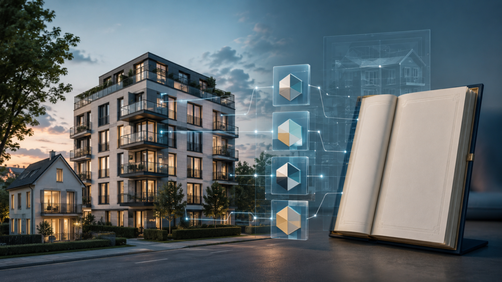 Modernes Wohnhaus, digitale Immobilienanteile und ein Grundbuch als Darstellung der Tokenisierung von Immobilieneigentum.