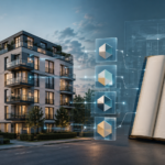 Modernes Wohnhaus, digitale Immobilienanteile und ein Grundbuch als Darstellung der Tokenisierung von Immobilieneigentum.