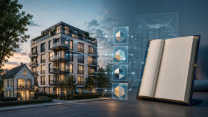 Modernes Wohnhaus, digitale Immobilienanteile und ein Grundbuch als Darstellung der Tokenisierung von Immobilieneigentum.