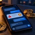 Smartphone mit symbolischem Chat, rotem Warnzeichen und Bitcoin-Münzen auf einem Schreibtisch.