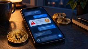 Smartphone mit symbolischem Chat, rotem Warnzeichen und Bitcoin-Münzen auf einem Schreibtisch.
