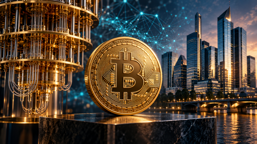 Goldene Bitcoin-Münze zwischen einem Quantencomputer und modernen Finanzgebäuden, dahinter ein digitales Netzwerk.