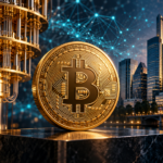Goldene Bitcoin-Münze zwischen einem Quantencomputer und modernen Finanzgebäuden, dahinter ein digitales Netzwerk.