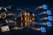 Haus, Auto, Uhr, Ticket und Wertanlage werden über digitale Datenströme in Blockchain-Token umgewandelt.